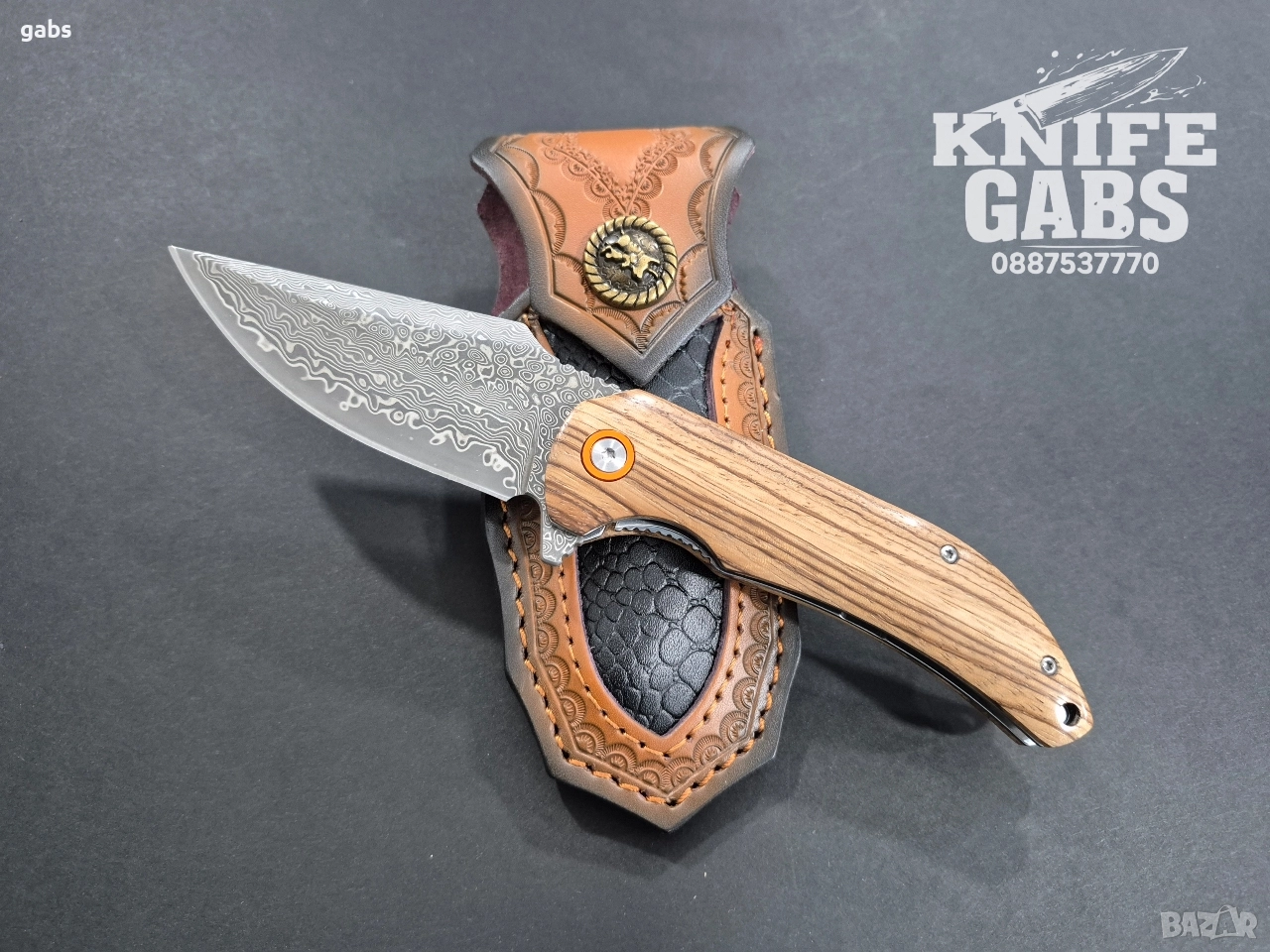 Сгъваем нож дамаска стомана с кожена кания,SD16, снимка 1