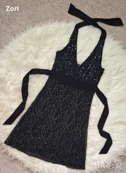 РАЗКОШНА черна рокля тюл с подплата - цялата обшита с пайети и синци, снимка 1