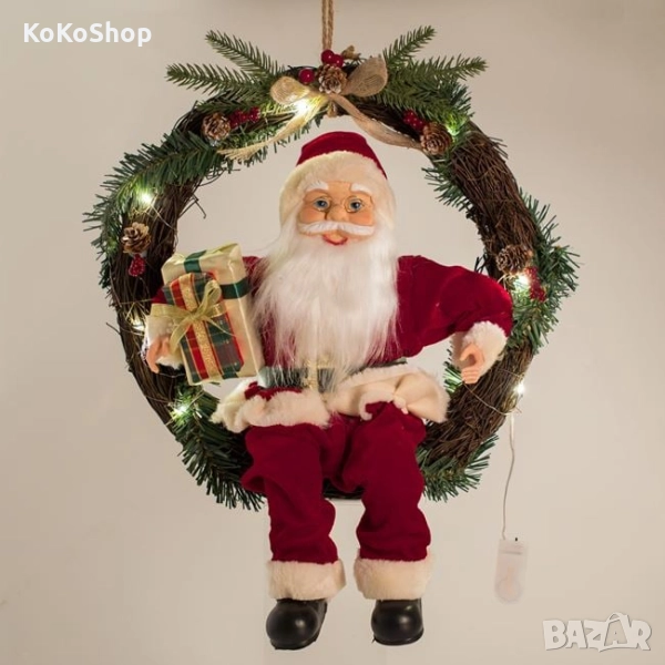 Светещ коледен венец с Дядо Коледа-45 см./коледен венец/Коледна украса/Коледна декорация, снимка 1