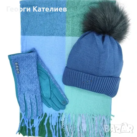 Дамски зимен комплект петролен синьо-Шапка, шал и ръкавици Код на продукта:DK-0048, снимка 1