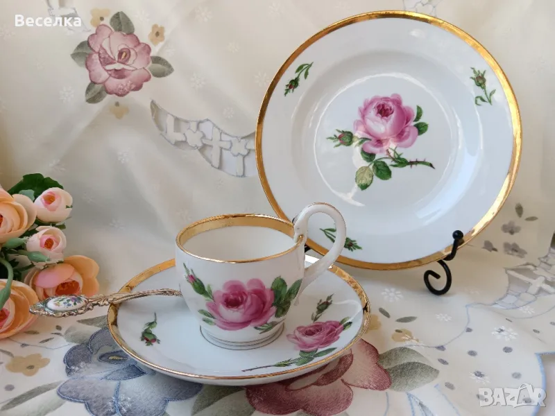 Meissen, троен сет за кафе и десерт, декор роза, злато и дръжка лебедова шия , снимка 1