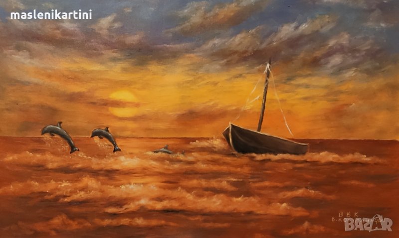 Залез, море и делфини маслена картина, снимка 1