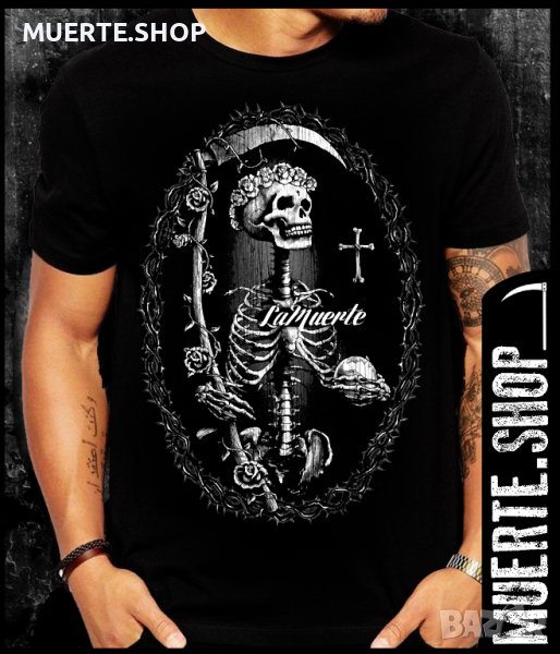 Черна тениска с щампа LA MUERTE WREATH, снимка 1