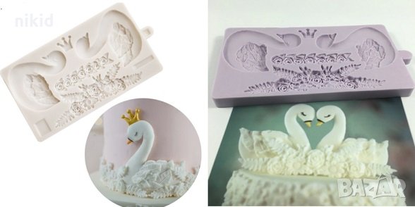 Лебед Лебеди с корона и цветя Грамаден силиконов молд форма за украса торта с фондан шоколад гипс, снимка 1