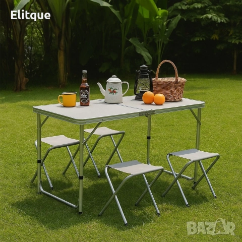 Комплект сгъваема алуминиева маса с 4 стола – идеален за къмпинг, двор и почивка, снимка 5 - Маси - 53078632