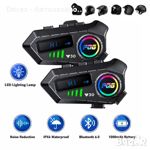 Комплект 2 бр. интеркоми за каска Bluetooth 6.0, сдвояване помежду им, CVC + DSP шумопотискане, LED 
