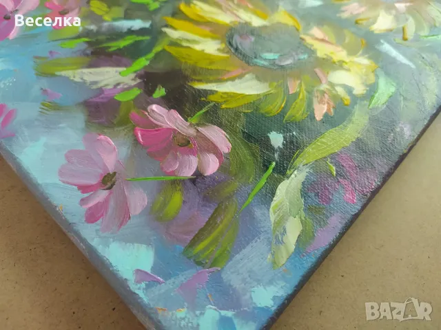 Рисувана картина Слънчогледи, маслени бои, снимка 2 - Картини - 48730836