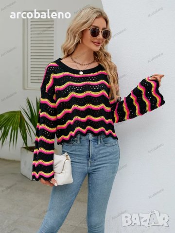 Дамски моден пуловер с дълги ръкави и кръгло деколте на райета, 2цвята - 023, снимка 7 - Блузи с дълъг ръкав и пуловери - 42305036