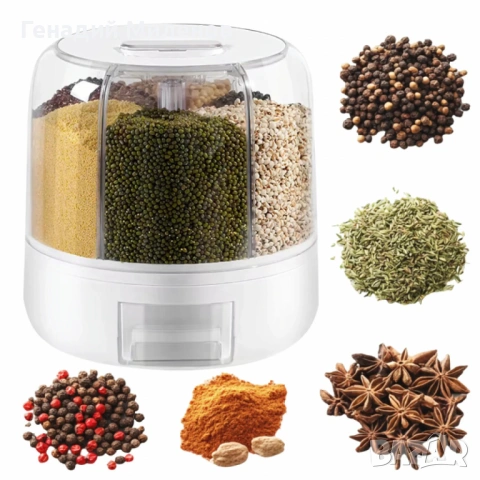 Диспенсър за зърнени храни, 6 отделения\7.5л., въртяща основа, Бял