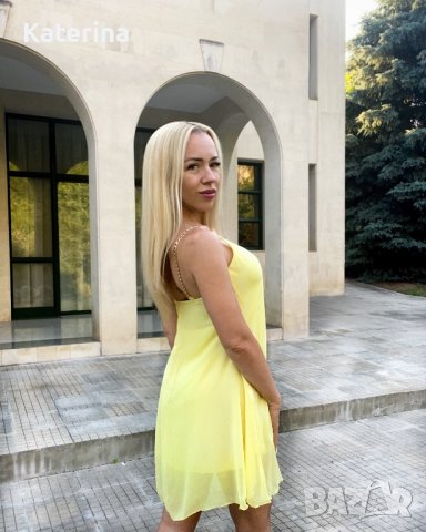  Жълта шифонена къса рокля, снимка 3 - Рокли - 37187376