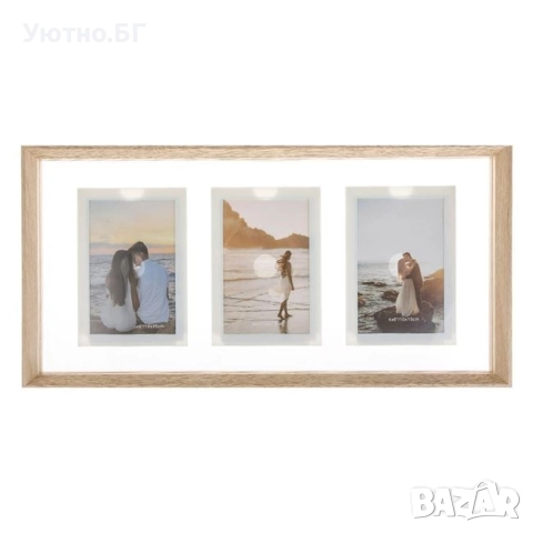 Декоративна рамка за снимки с бежова рамка и стъклена повърхност (3 позиции) – 50x25x3см, снимка 1