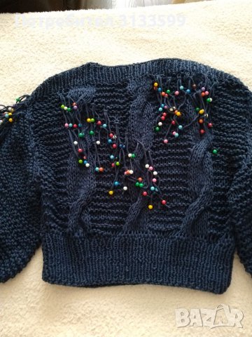 Тъмносиня ръчно плетена блуза от памучна прежда с цветни топчета , снимка 2 - Блузи с дълъг ръкав и пуловери - 37237213