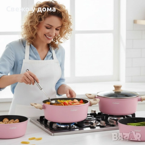 Cheffinger - Розов комплект тенджери, с мраморно покритие, здравословно готвене без залепване, снимка 2 - Съдове за готвене - 54170805