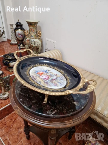 Уникално голямо антикварно порцеланово плато с бронзови орнаменти , снимка 9 - Декорация за дома - 51041286