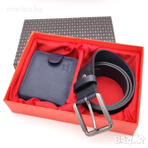 Подаръчен комплект за мъж – Луксозен колан и портфейл от естествена кожа в синьо-MPK-24, снимка 1