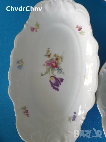 KPM Poland чиния 33-25см/3бр КПМ стари немски порцеланови чинии-плата/цветя-злато, снимка 3 - Чинии - 48983376