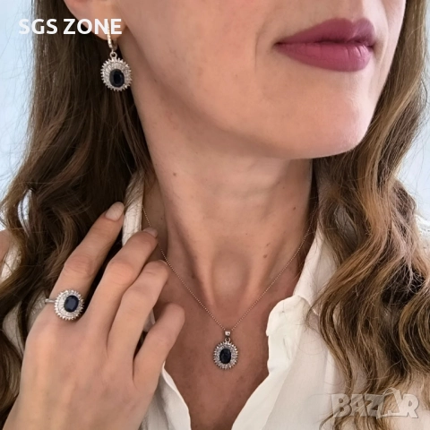 Сребърени Обеци със Сапфири от Таиланд , снимка 4 - Обеци - 51511117