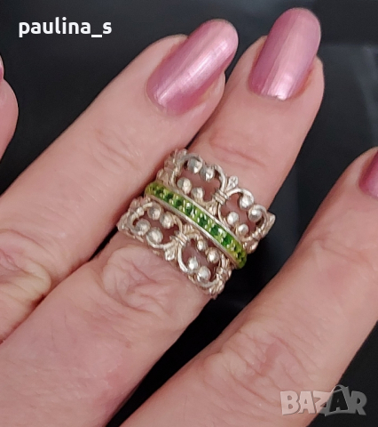 Винтидж / Стар семеен сребърен пръстен със зелен емайл / проба 925 , снимка 12 - Пръстени - 44581893