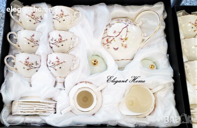 Луксозен порцеланов сервиз - 6 броя чаши за чай/кафе/капучино с чинийки - 1 брой чайник с капак -1 б, снимка 7 - Чаши - 37948942