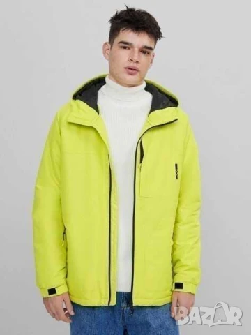 Мъжко яке с качулка Bershka, 100% полиестер, Сигнално зелено, XL