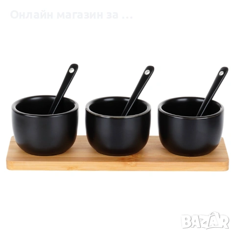 Комплект от 3 керамични купи с лъжици върху бамбуков поднос, 21,5x6,5x5,5 см, черни 139686, снимка 4 - Прибори за хранене, готвене и сервиране - 53230864