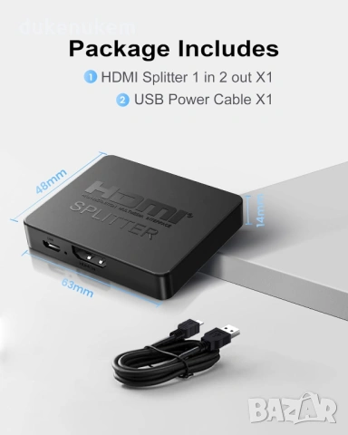 HDMI сплитер 1 вход/2 изхода – 4K дублиране на картина към два монитора едновременно, снимка 7 - Други - 53372485