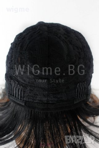 Черна перука с кестеняви кичури на вълни с бретон Дейзи, снимка 3 - Аксесоари за коса - 37905879