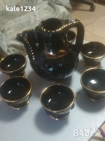 Керамичен сервиз за вино. Черно със злато. Чисто нов. Ръчно рисуван. За механа. Българско производст, снимка 5 - Сервизи - 39029147