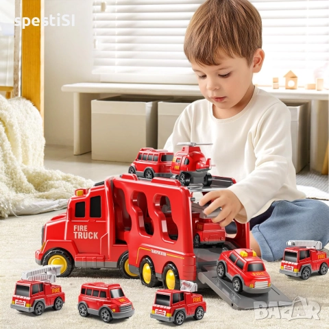 Детски Камион Пожарна – Голям Автовоз със Звук и Светлина - КОД 4787, снимка 2 - Коли, камиони, мотори, писти - 52530722