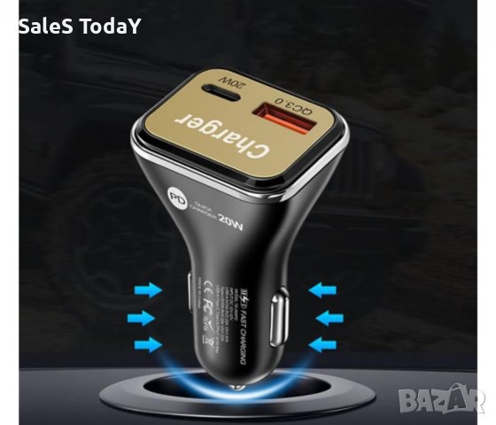 Зарядно устройство за кола, Адаптер за запалка,TYPE -C , Quick Charge 3.0, USB порт, 20W