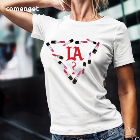 ПРОМО ЦЕНА! Дамска тениска с LOS ANGELES LIPSTICK дизайн! Или поръчай модел с ТВОЯ идея! , снимка 1 - Тениски - 18577870