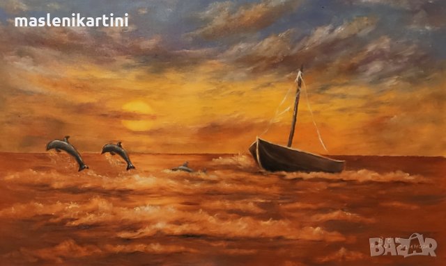 Залез, море и делфини маслена картина