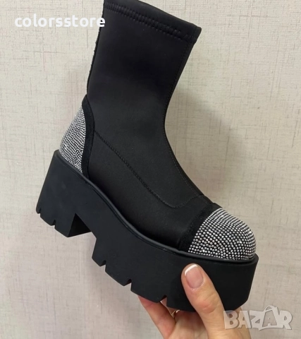 Боти на платформа - черен неопрен и камъчета - LT60 