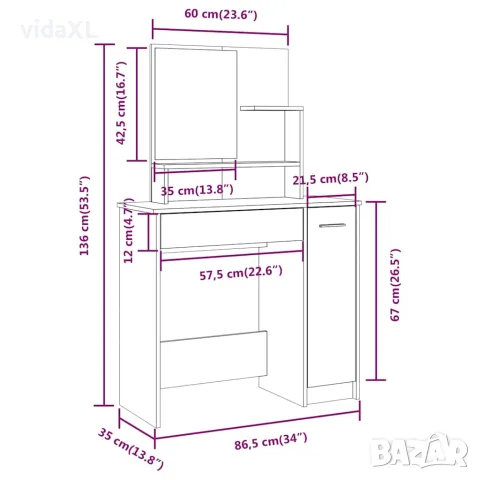 vidaXL Тоалетка с огледало, бяла, 86,5x35x136 см, снимка 9 - Тоалетки - 56147809