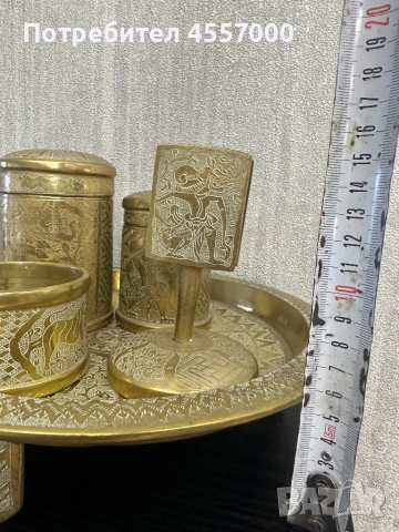Уникален масивен месингов комплект за бюро – 5 кг, ръчна гравюра, снимка 4 - Антикварни и старинни предмети - 53111019