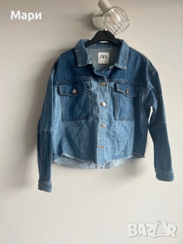 Сет Zara дънково яке, панталони с висок талия, тениска H&M без следи от употреба