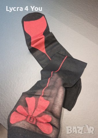 S/M дамски чорапи за жартиери в черно, с червена пета, ръб и панделка, снимка 7 - Бельо - 42642902