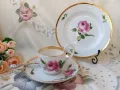 Meissen, троен сет за кафе и десерт, декор роза, злато и дръжка лебедова шия , снимка 1