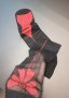 S/M дамски чорапи за жартиери в черно, с червена пета, ръб и панделка, снимка 7