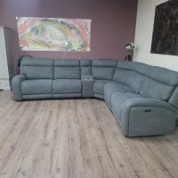 Сив ъглов диван от плат с електрически релаксиращ механизъм, снимка 7 - Дивани и мека мебел - 44342839