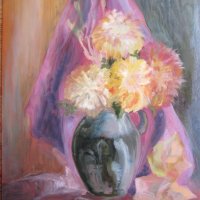 Картина -масло, фазер, ваза с хризантеми,51х36см., снимка 6 - Картини - 39466326