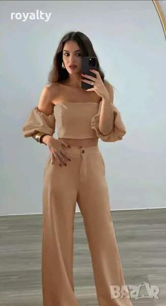 Дамски бежов сет панталон с топ, снимка 1