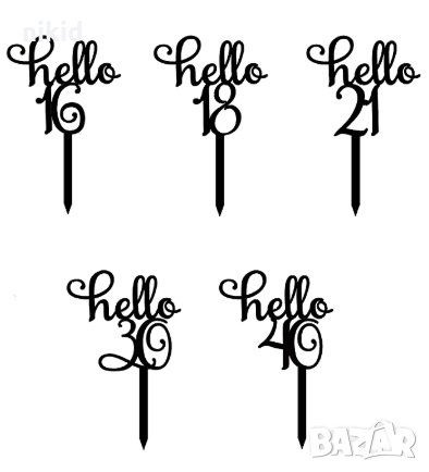 Hello 16 18 21 30 40 години черен твърд Акрил топер за торта украса декорация надпис Рожден ден, снимка 1