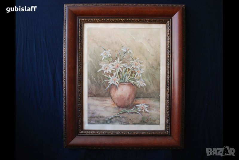 Стара картина, рисунка, ваза с цветя, Хр. Гайчев, 1980-те г., снимка 1