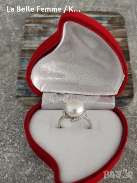 Сребърен пръстен с перла в луксозна кутия, снимка 1