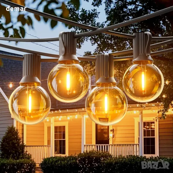 GLOBELIT 15 метра градински свелини, 25+1 G40 LED крушки, IP45, 2700K топло бяло, снимка 1