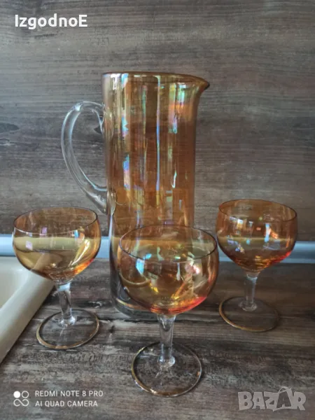 3бр ретро чаши и кана от цветно стъкло с метализирано покритие, снимка 1