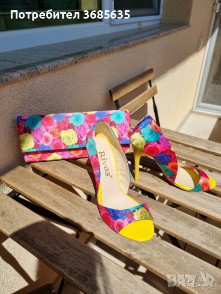 Сандали на ток с флорални мотиви + чанта, снимка 1