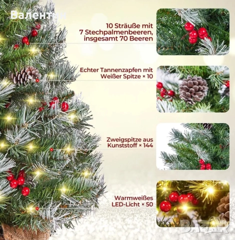 Изкуствена Коледна елха 92см със сняг, 50 светодиода, 10 горски плодове и 10 шишарки, снимка 3 - Декорация за дома - 52314984