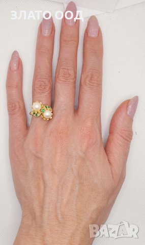 Златни пръстени с естествени перли и диаманти  -18К, снимка 6 - Пръстени - 39790286